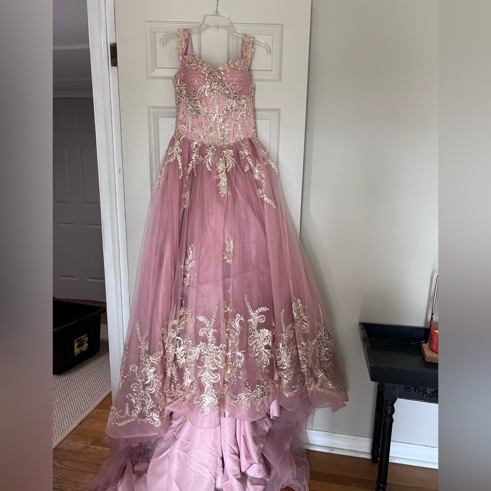 Elegant Dusty Rose Prom Dress with Gold Embroidery